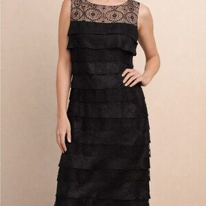 London Times Black Lace Tiered Midi Dress Size 8 Sleeveless Cocktail Wedding Gue